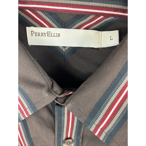 Perry Ellis Mens Size L Brown Stripe Button Up Shirt Long Sleeve NWT 100% Cotton - Picture 5 of 9
